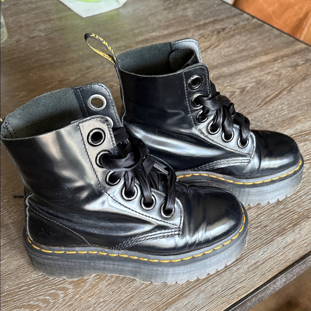 Dr. Martens Molly Black Leather Platform Lace-Up Boots with Yellow Stitching